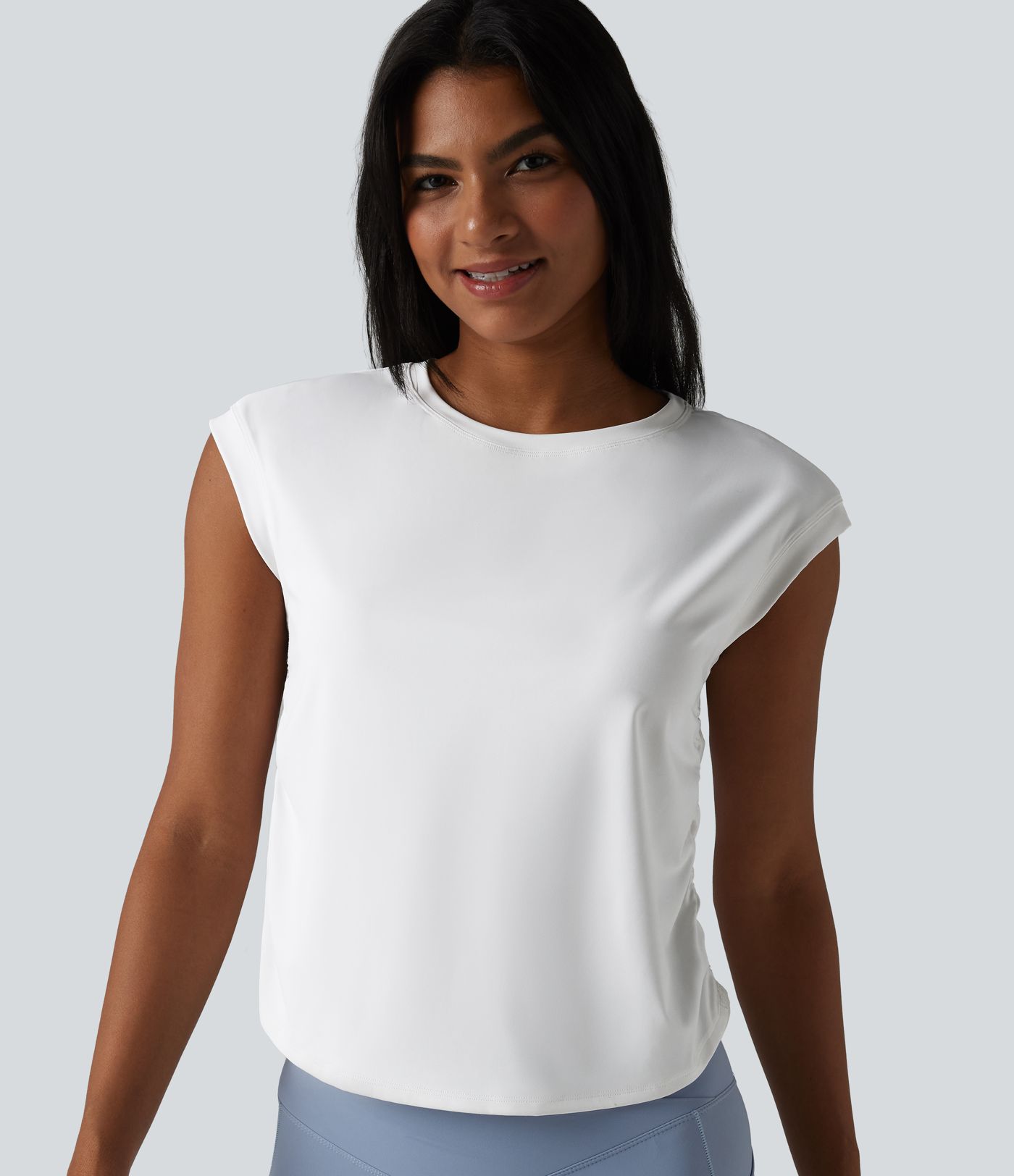 SoftlyZero™ QuickDry Round Neck Cap Sleeve Ruched Curved Hem Yoga Sports Top SoftlyZero™ QuickDry Round Neck Cap Sleeve Ruched Curved Hem Yoga Sports Top