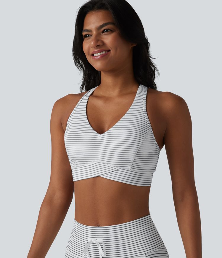 Medium Support V Neck Built-in Bra Racerback Stripe Training Sports Bra Medium Support V Neck Built-in Bra Racerback Stripe Training Sports Bra