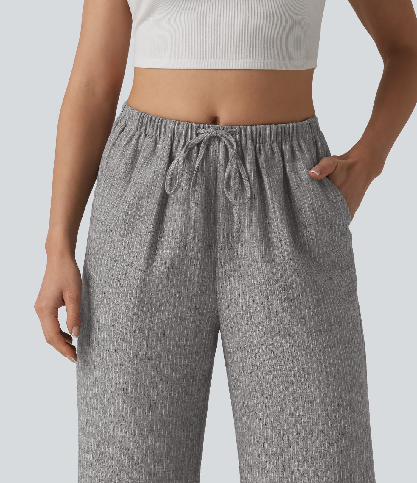 Mid Rise Drawstring Baggy Stripe Casual Pants with Pockets