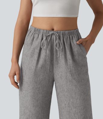 Mid Rise Drawstring Baggy Stripe Casual Pants with Pockets