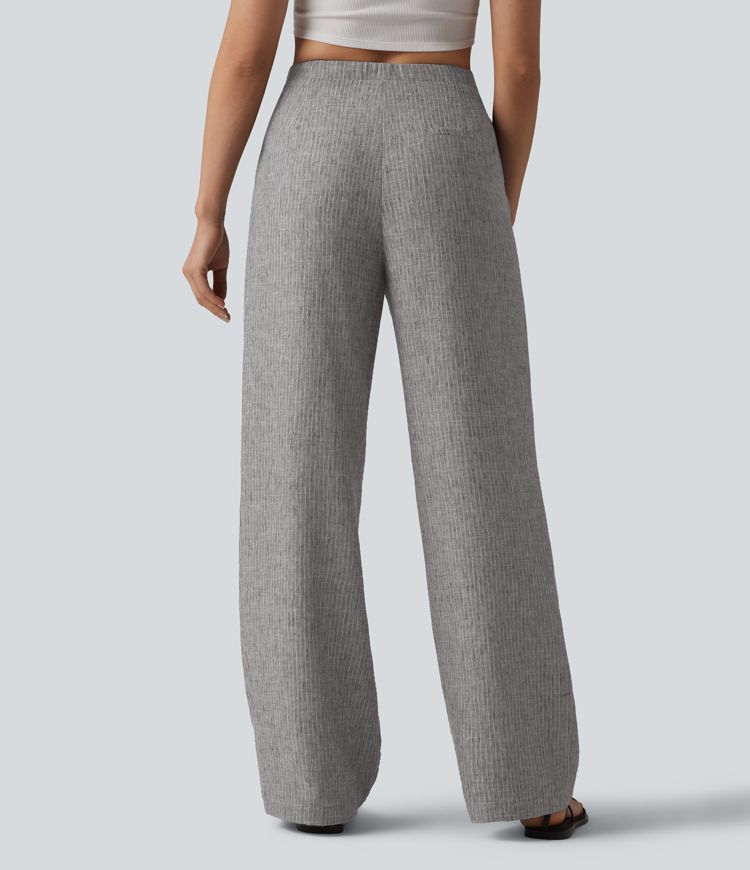 Mid Rise Drawstring Baggy Stripe Casual Pants with Pockets