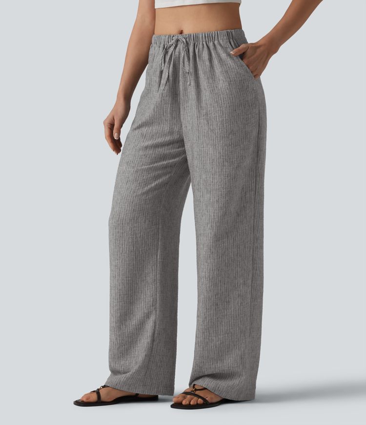 Mid Rise Drawstring Baggy Stripe Casual Pants with Pockets