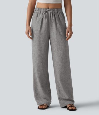 Mid Rise Drawstring Baggy Stripe Casual Pants with Pockets