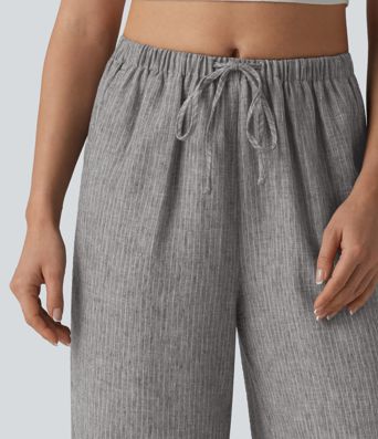 Mid Rise Drawstring Baggy Stripe Casual Pants with Pockets