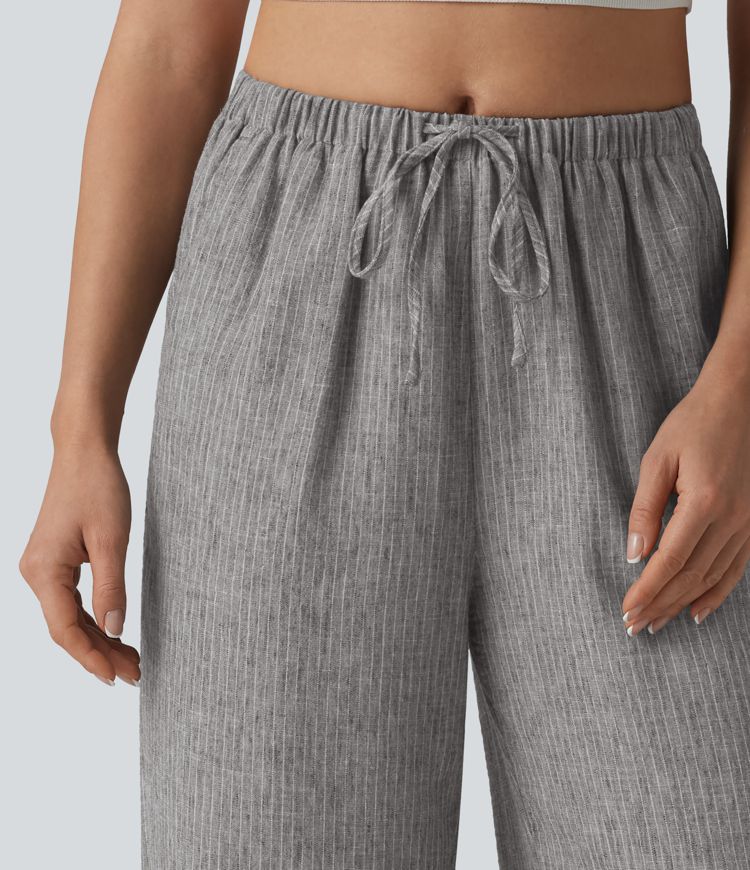 Mid Rise Drawstring Baggy Stripe Casual Pants with Pockets