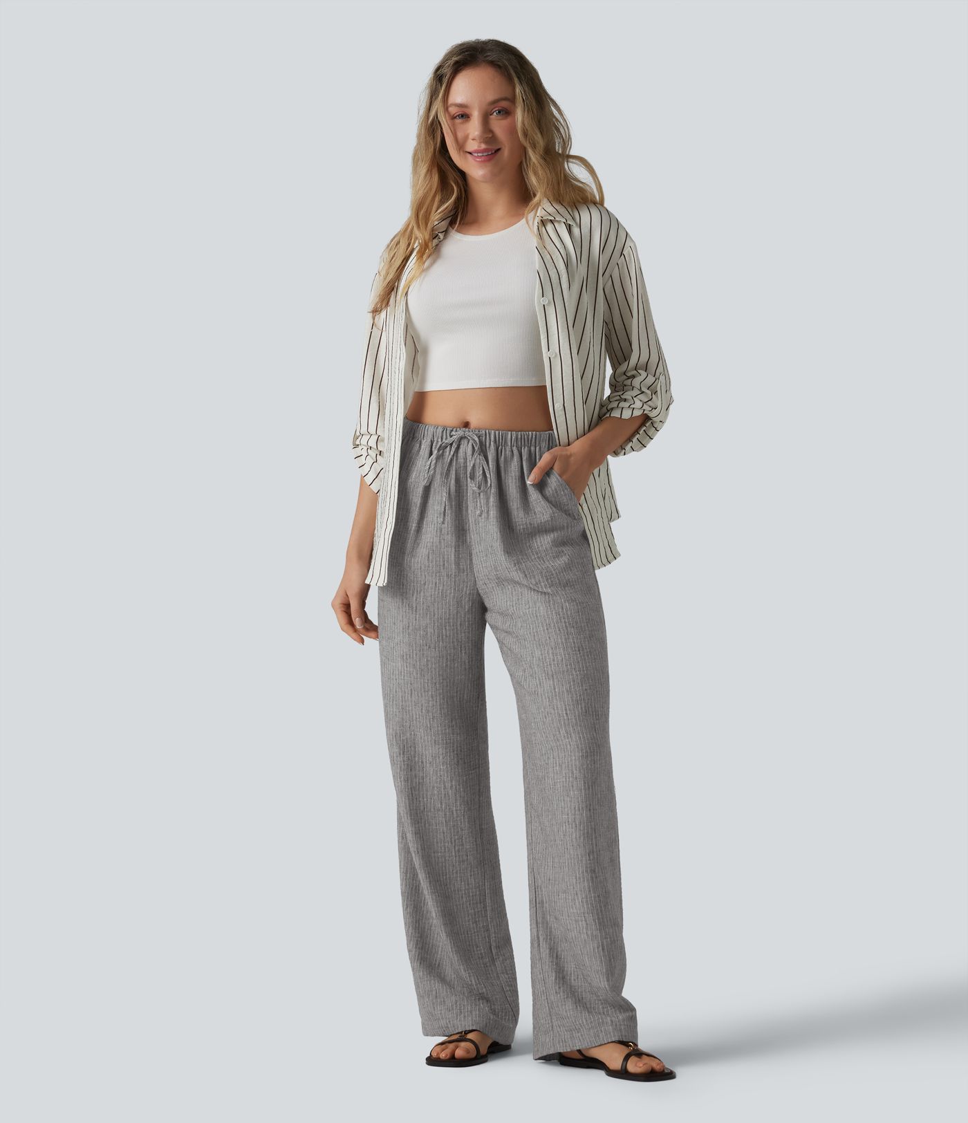 Mid Rise Drawstring Baggy Stripe Casual Pants with Pockets
