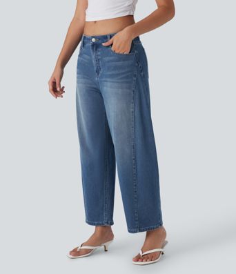 Jeans décontracté Halara Flex™ à une coupe mi-haute, lavé, avec droites et poches