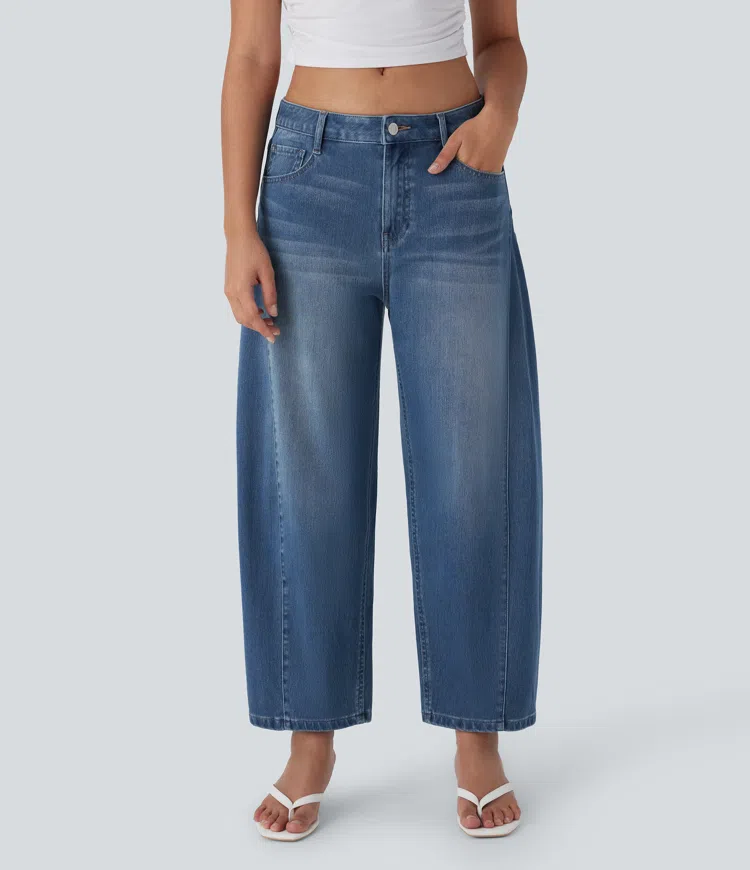 Blue Surf Denim Halara Flex™ Mid Rise Washed Casual Barrel Leg Jeans with Pockets / 1