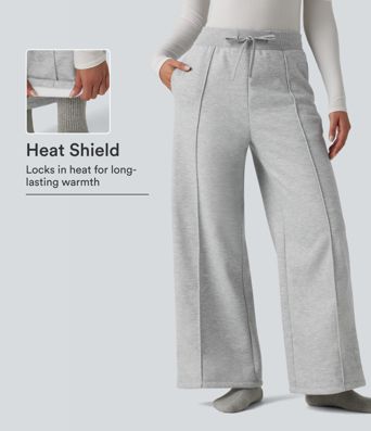 High Waisted Drawstring Straight Leg Lounge Thermal Pants with Pockets