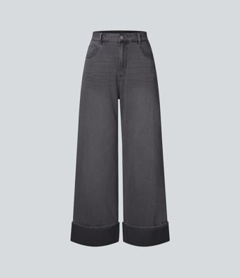 Halara Flex™ High Waisted Pockets Rolled Hem Wide Leg Washed Women Casual Denim Jeans