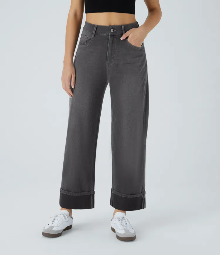 Halara Flex™ High Waisted Pockets Rolled Hem Wide Leg Washed Lightweight Women Casual Denim Jeans