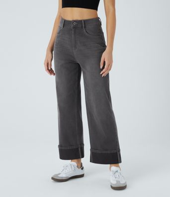 Halara Flex™ High Waisted Pockets Rolled Hem Wide Leg Washed Women Casual Denim Jeans