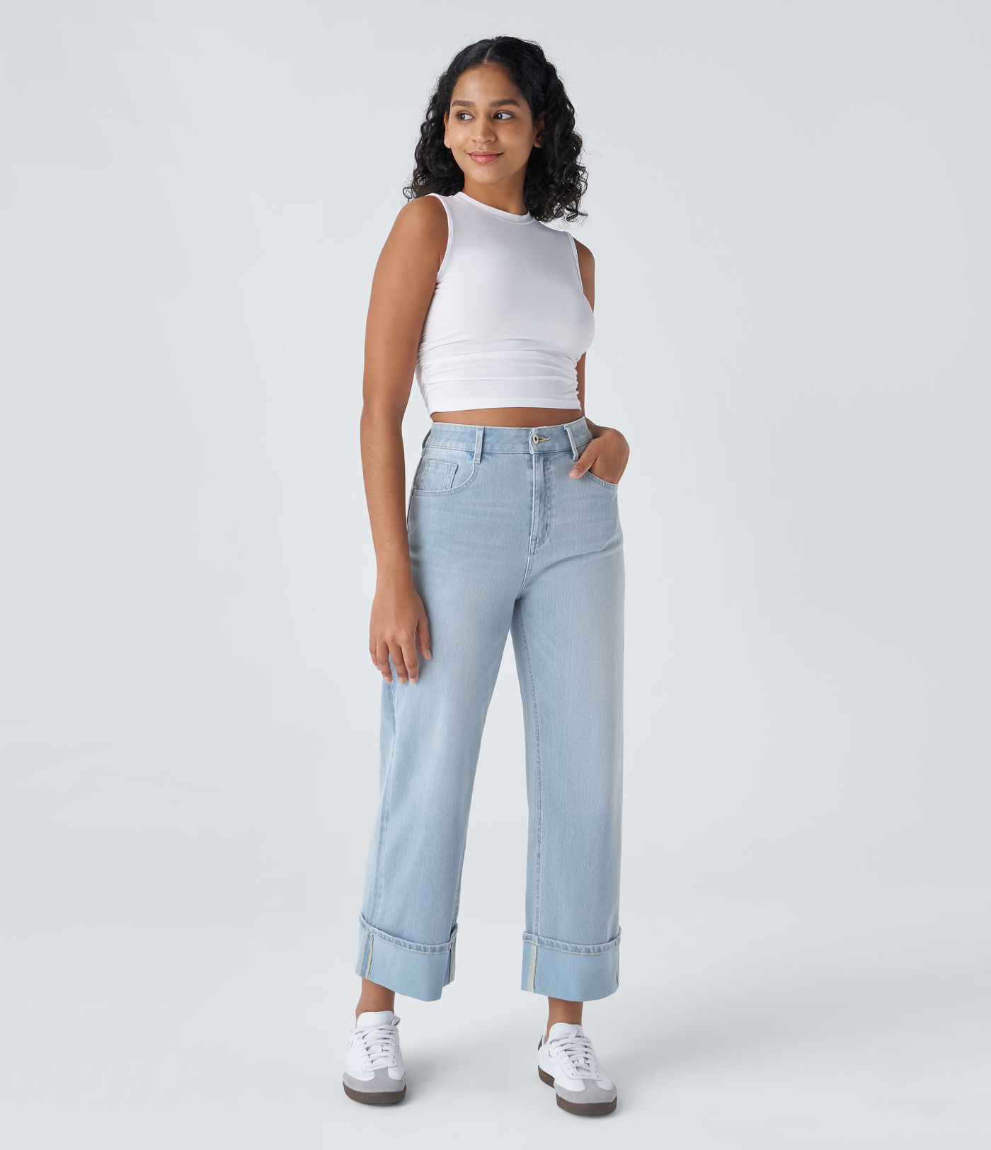 Halara Flex™ High Waisted Pockets Rolled Hem Wide Leg Washed Casual Jeans