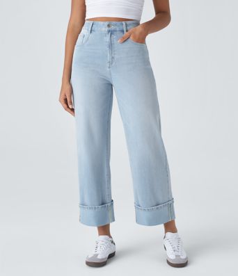 Halara Flex™ High Waisted Pockets Rolled Hem Wide Leg Washed Casual Jeans
