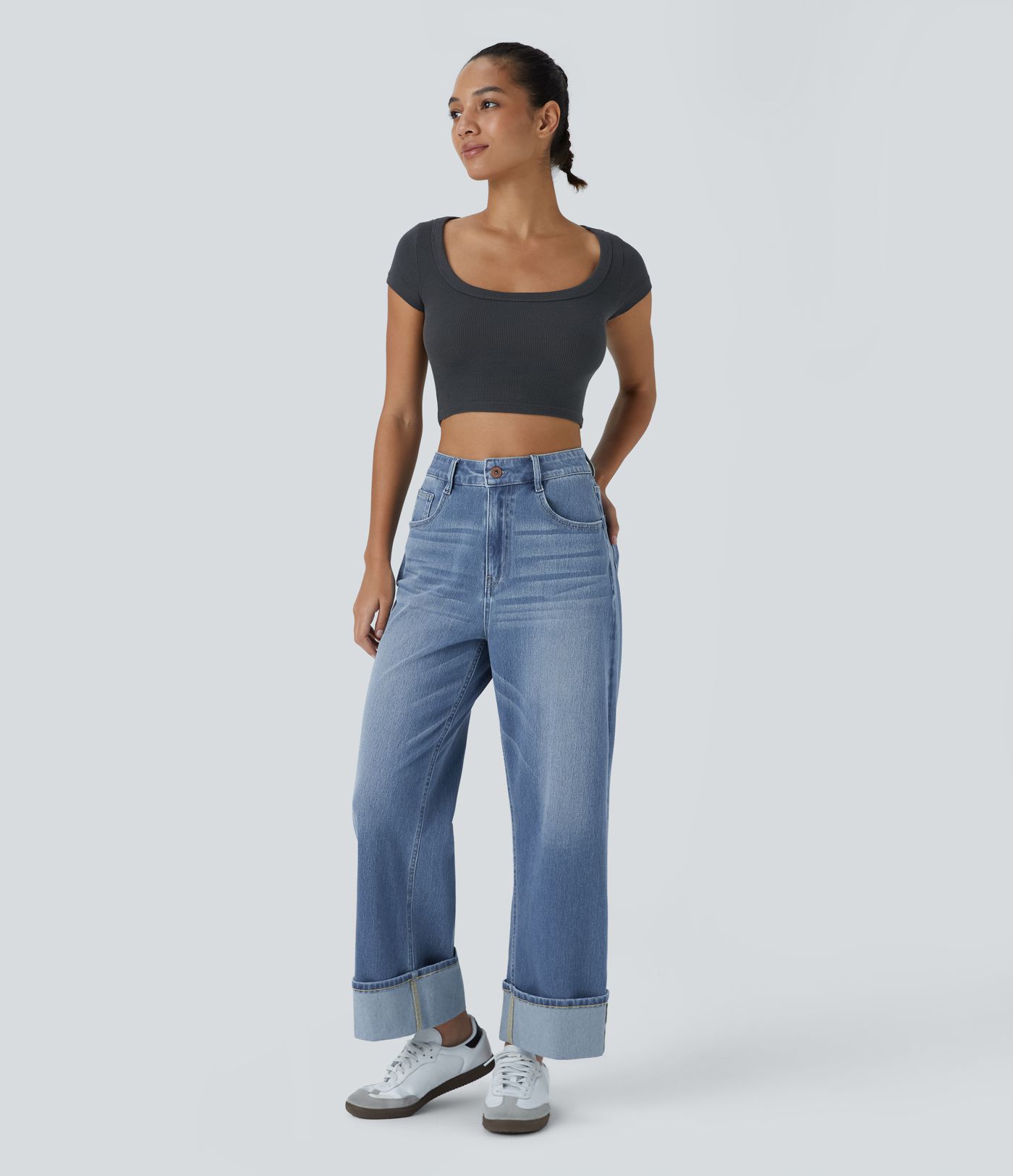 Halara Flex™ Jean Larges Taille Haute Ourlet Roulotté Multiples Poches