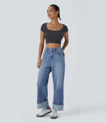 Halara Flex™ Jean Larges Taille Haute Ourlet Roulotté Multiples Poches
