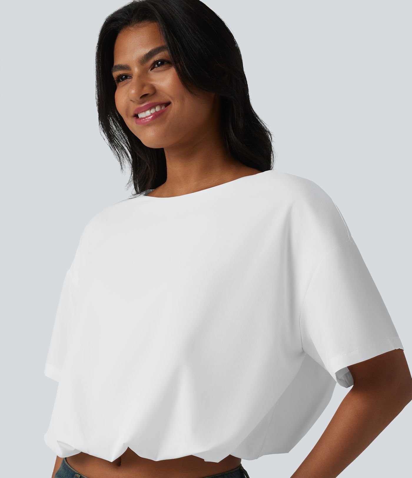 Durable Water Repellent Round Neck Short Sleeve Bubble Hem Casual Top Durable Water Repellent Round Neck Short Sleeve Bubble Hem Casual Top