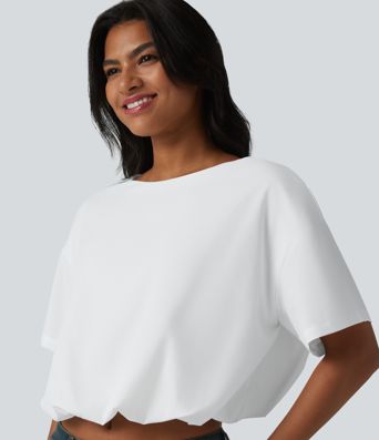 Durable Water Repellent Round Neck Short Sleeve Bubble Hem Casual Top Durable Water Repellent Round Neck Short Sleeve Bubble Hem Casual Top