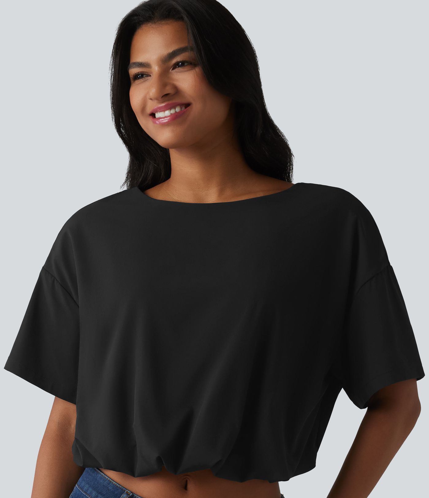 Durable Water Repellent Round Neck Short Sleeve Bubble Hem Casual Top