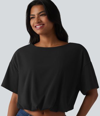 Durable Water Repellent Round Neck Short Sleeve Bubble Hem Casual Top