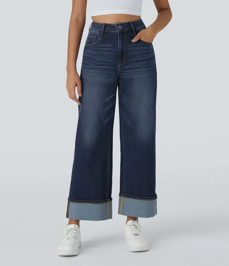 Halara Flex™ High Waisted Pockets Rolled Hem Wide Leg Washed Lightweight Women Casual Denim Jeans