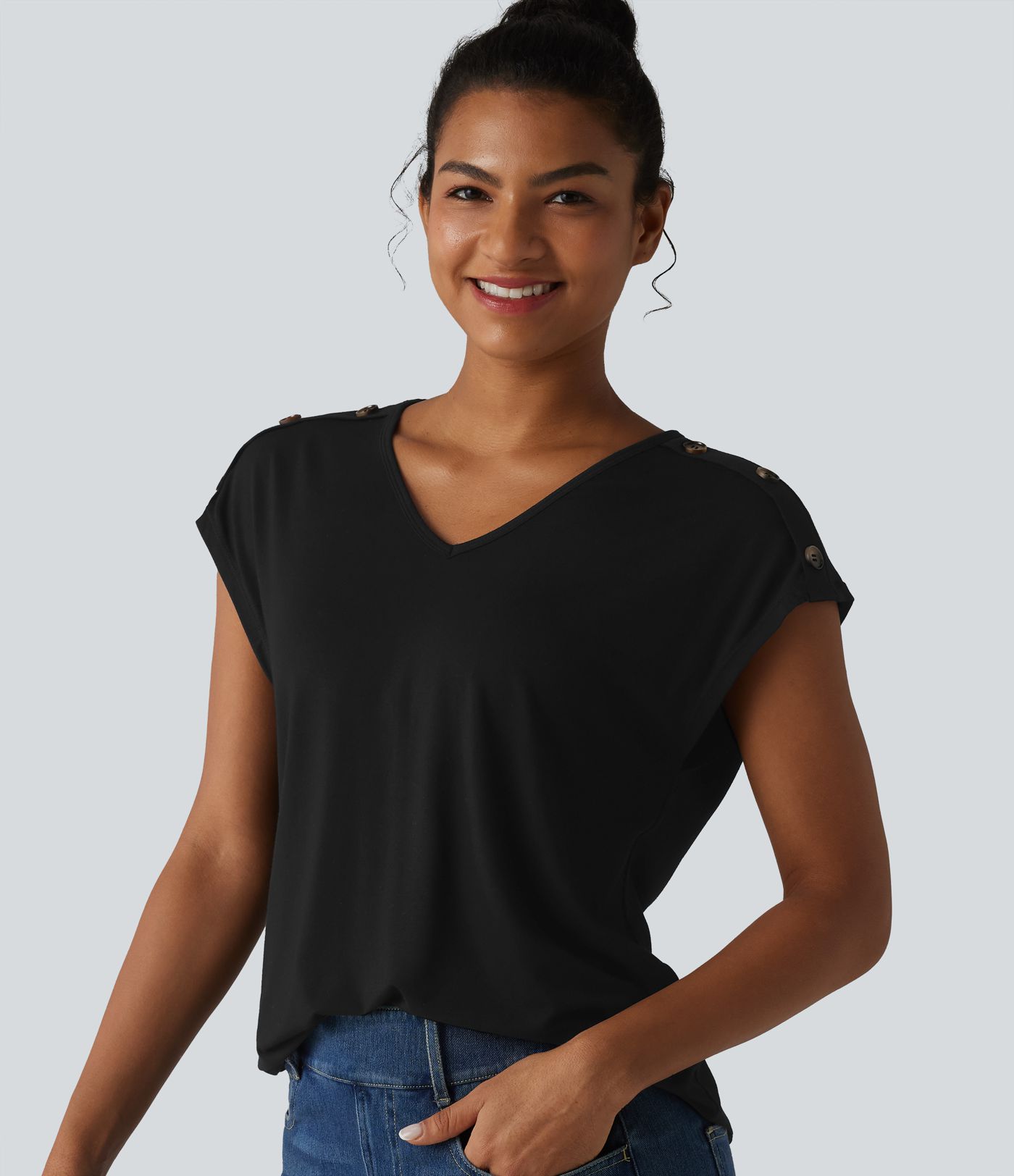 V Neck Decorative Button Cap Sleeve Relaxed Casual T-Shirt