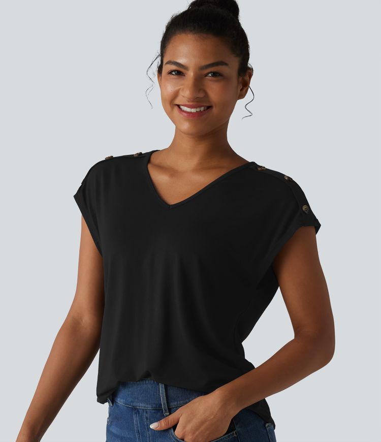 V Neck Decorative Button Cap Sleeve Relaxed Casual T-Shirt