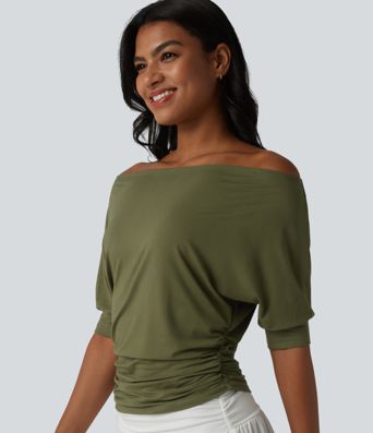 Gerafftes, schulterfreies Top mit kurzen Ärmeln