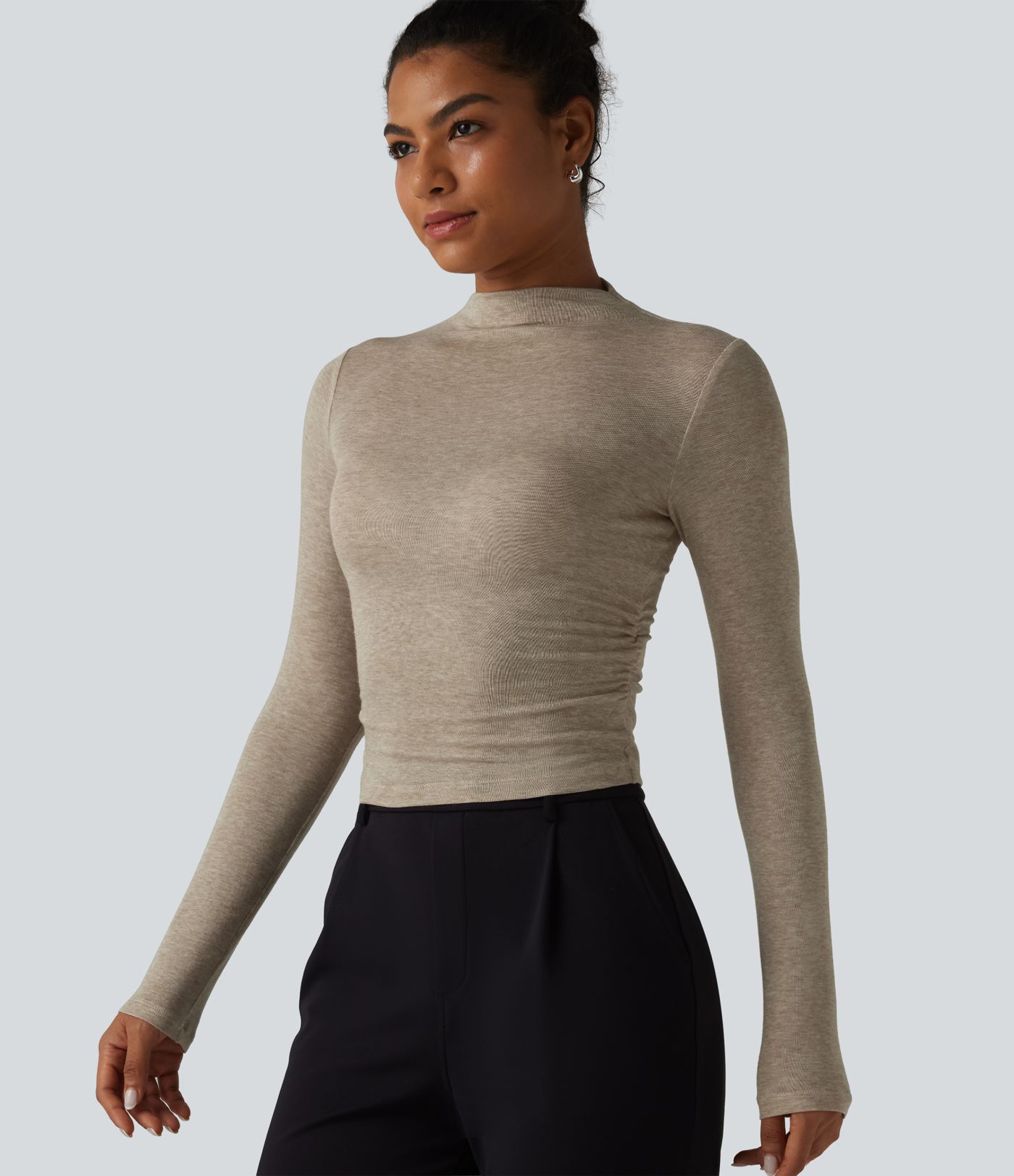 Mock-neck Long Sleeve Ruched Wool-Blend Work Top