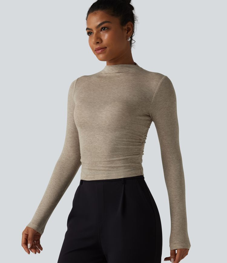 Mock-neck Long Sleeve Ruched Wool-Blend Work Top