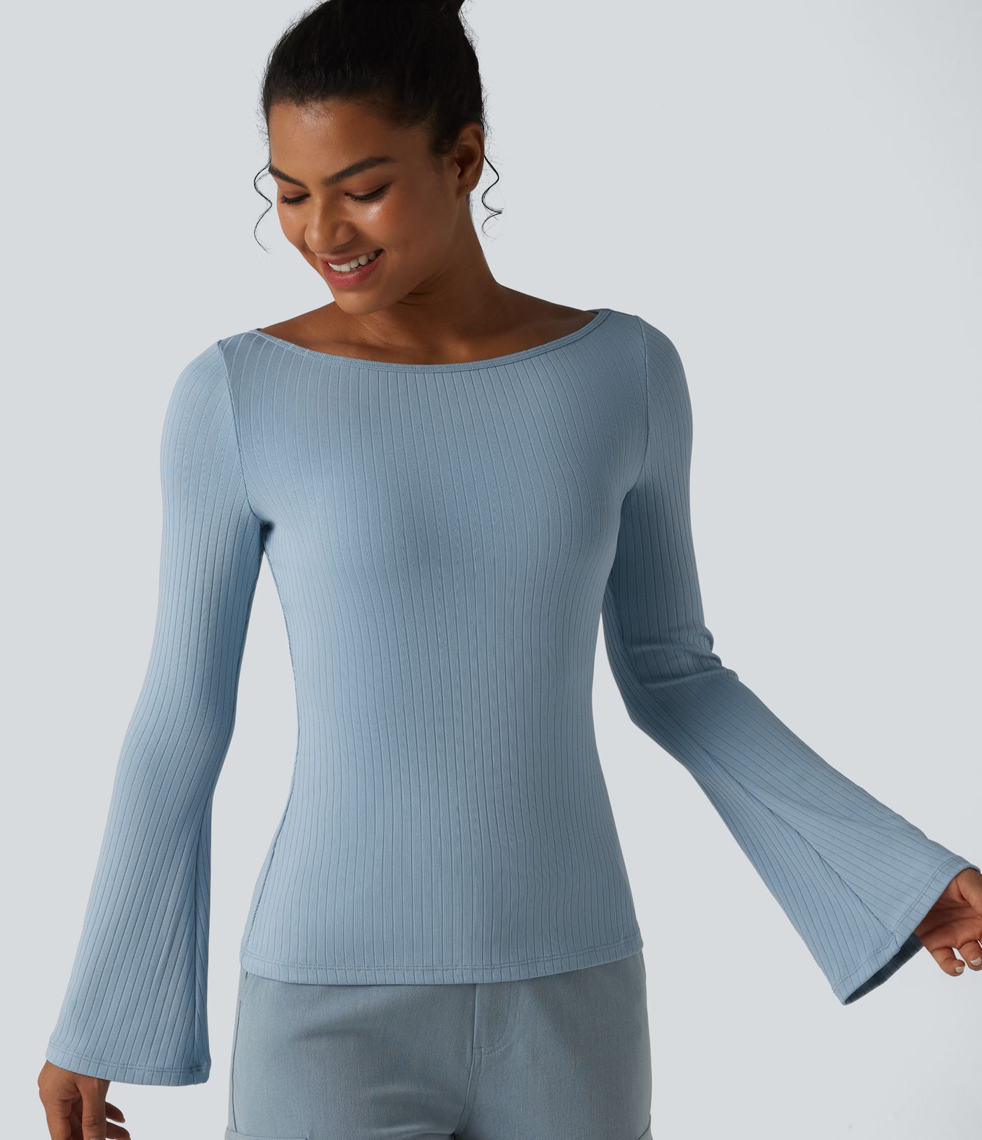 Ribbed Knit Boat Neck Bell Long Sleeve Casual Top