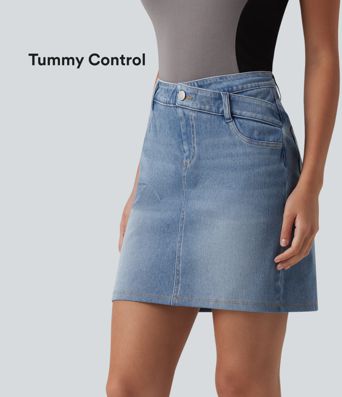 Jupe décontractée en denim Halara Flex™ asymétrique, taille mi-haute, à effet gainant pour le ventre, avec poches