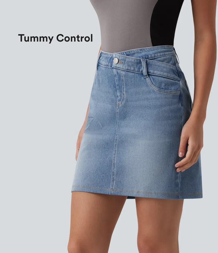 Halara Flex™ Denim Asymmetric Mid Rise Tummy Control Casual Skirt with Pockets