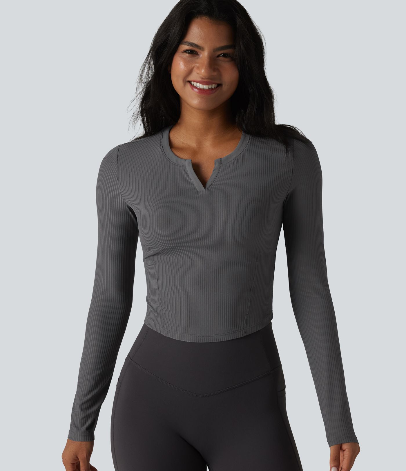 Ribbed Knit Notch Long Sleeve Non-Removable Pad Slim Casual Top