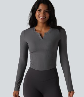 Ribbed Knit Notch Long Sleeve Non-Removable Pad Slim Casual Top