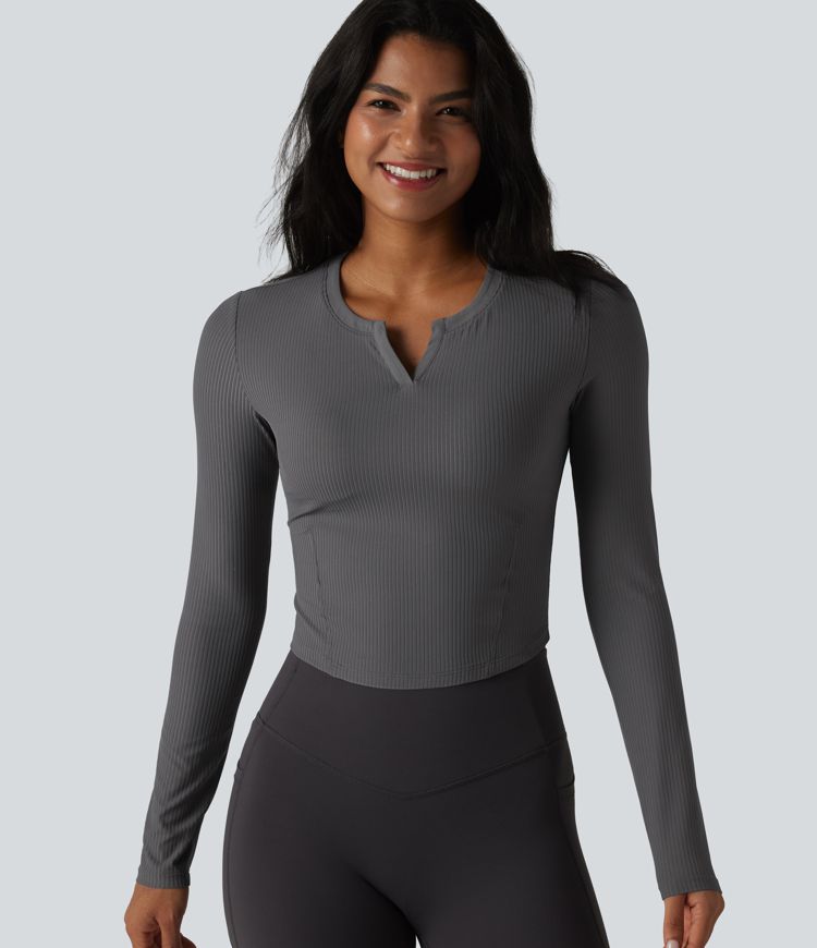 Ribbed Knit Notch Long Sleeve Non-Removable Pad Slim Casual Top