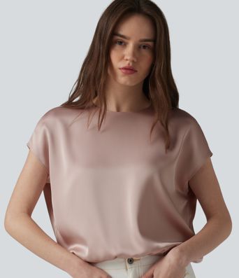 Round Neck Keyhole Back Cap Sleeve Satin Work Top