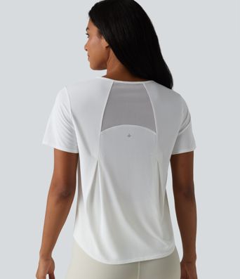 Lauf-Sporttop mit Rundhalsausschnitt, kurzen Ärmeln, Kontrast-Mesh und geschwungenem Saum Lauf-Sporttop mit Rundhalsausschnitt, kurzen Ärmeln, Kontrast-Mesh und geschwungenem Saum