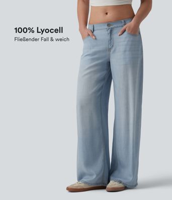 Casual jeans made of lyocell with a low waist, multiple pockets and a wide leg