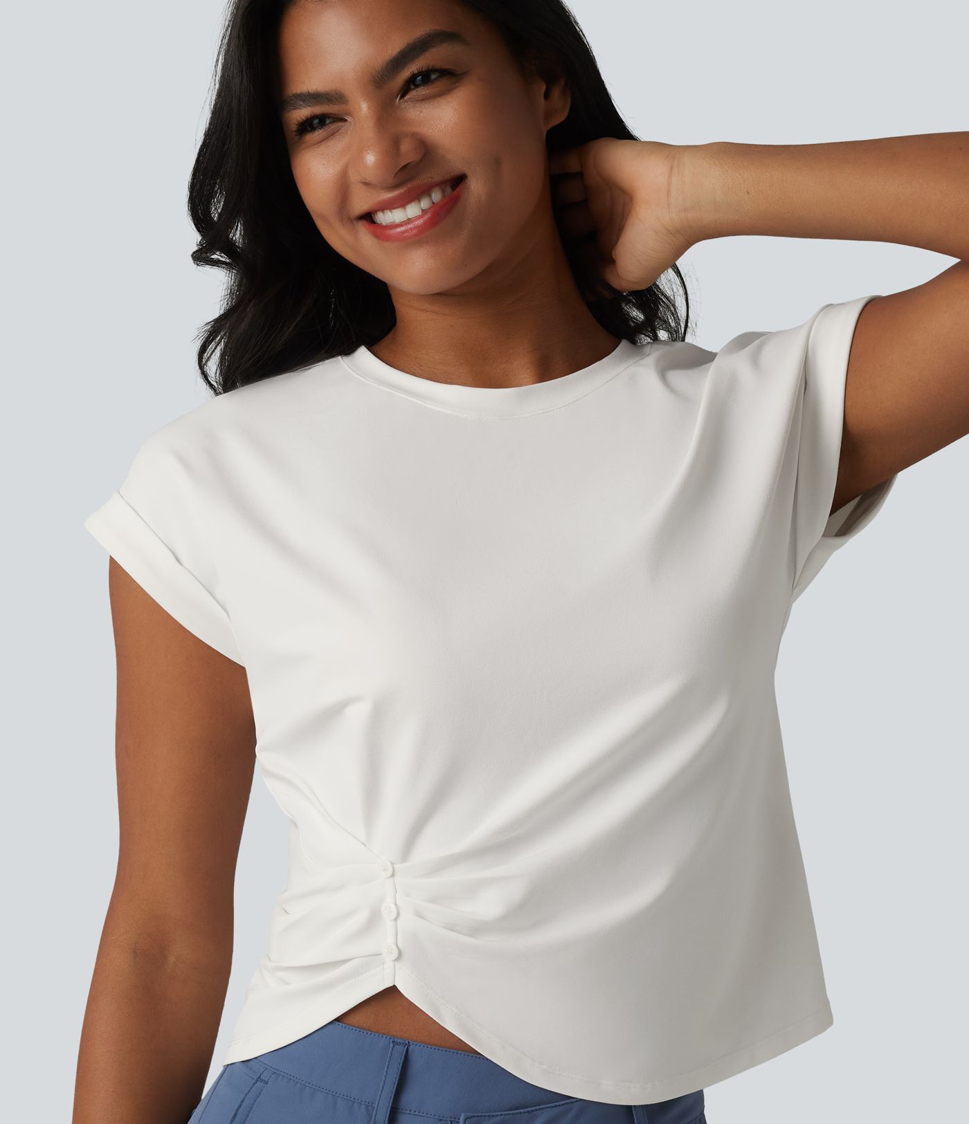 Round Neck Short Sleeve Curved Split Hem Casual T-Shirt