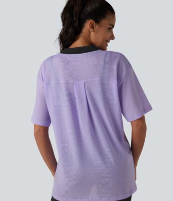 Haut de sport d'entraînement ample col V en maille respirante color block