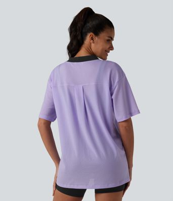 Haut de sport d'entraînement ample col V en maille respirante color block