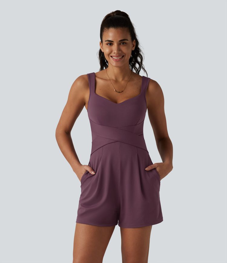 V Neck Built-in Bra Casual Playsuit with Pockets-Easy Peezy Edition