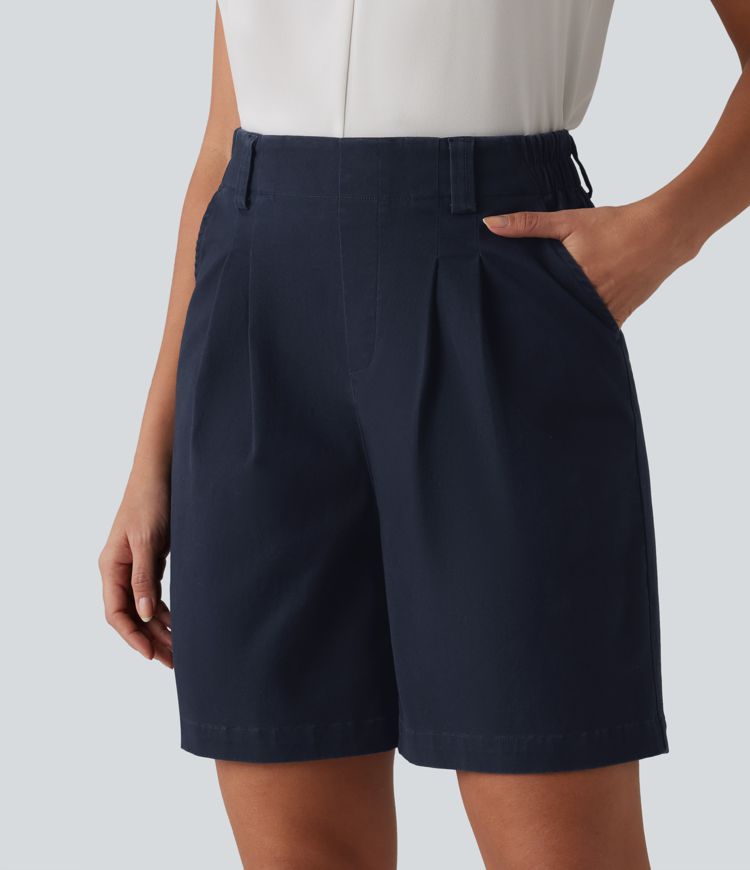 Short tailleur chino ample en coton plissé taille haute 17,5 cm avec poches