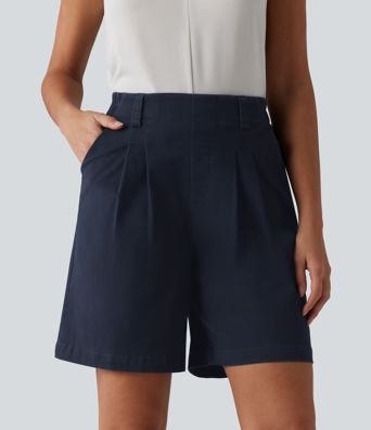Short tailleur chino ample en coton plissé taille haute 17,5 cm avec poches