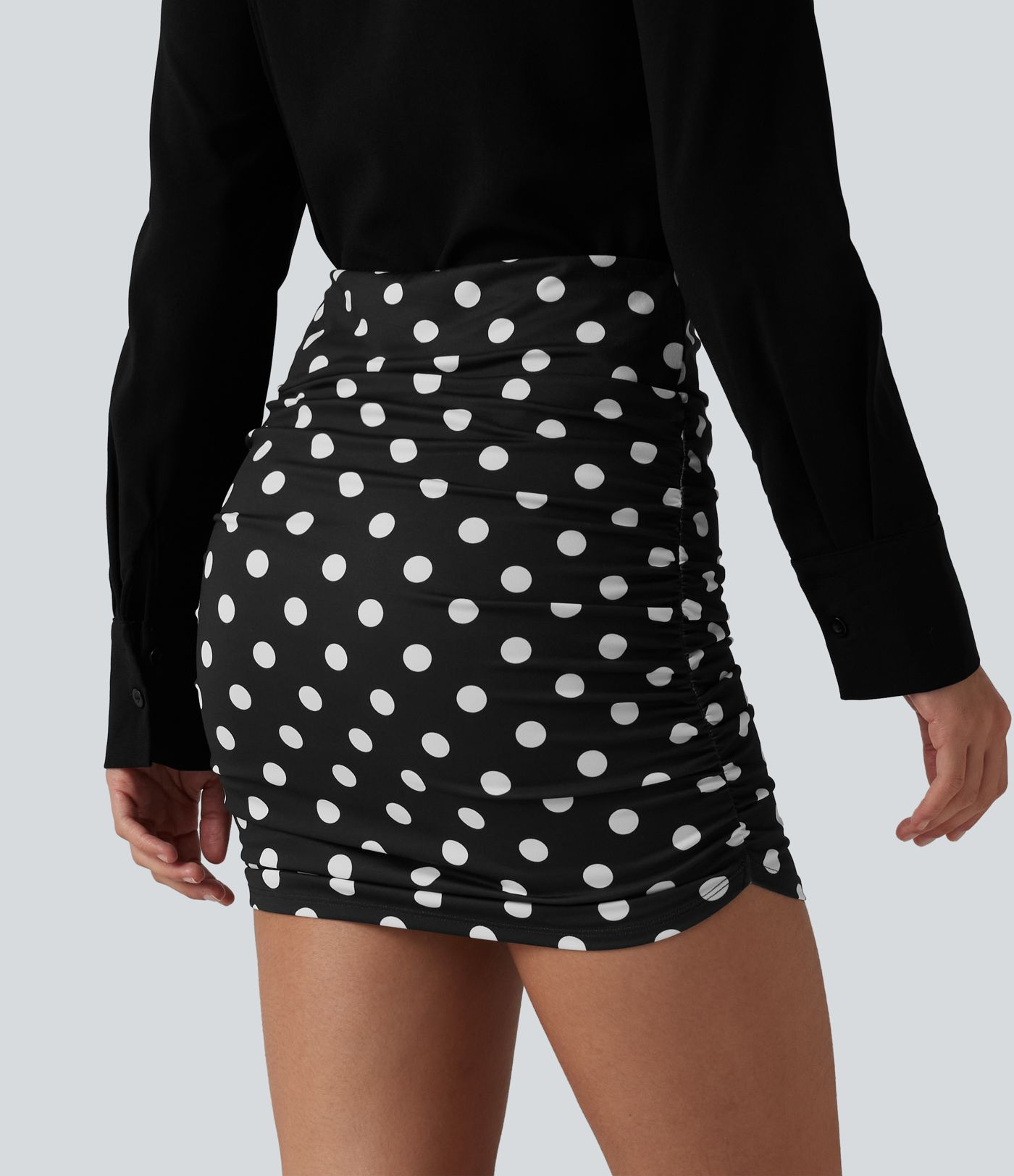 High Waisted Tummy Control Ruched Curved Hem Bodycon 2-in-1 Printed Mini Skirt