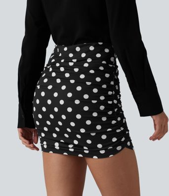 High Waisted Tummy Control Ruched Curved Hem Bodycon 2-in-1 Printed Mini Skirt
