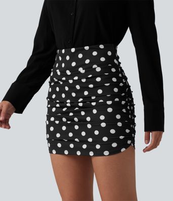 High Waisted Tummy Control Ruched Curved Hem Bodycon 2-in-1 Printed Mini Skirt