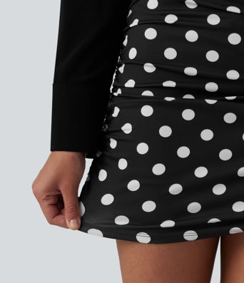 High Waisted Tummy Control Ruched Curved Hem Bodycon 2-in-1 Printed Mini Skirt