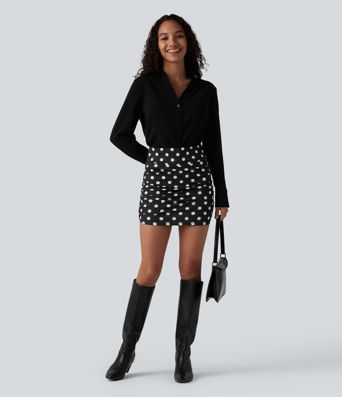 High Waisted Tummy Control Ruched Curved Hem Bodycon 2-in-1 Printed Mini Skirt